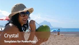  Presentation with coconut water - Colorful presentation enhanced with ebony - woman on the beach drinking backdrop and a tawny brown colored foreground