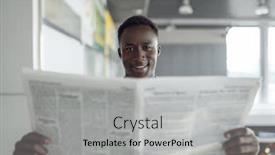  Presentation with office newspaper - PPT layouts with ebony businessman with newspaper in office hallway background and a light gray colored foreground