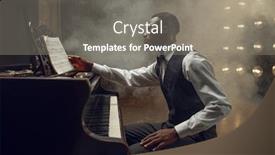  Presentation with performer - Beautiful slide deck featuring ebony pianist jazz performer on the stage backdrop and a gray colored foreground