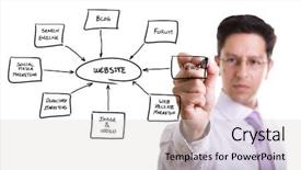  Presentation with schema - Slide deck consisting of ebusiness - businessman drawing a website schema background and a light gray colored foreground