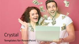  Presentation with money racker - Audience pleasing presentation theme consisting of ebusiness - money flying out of laptop backdrop and a coral colored foreground