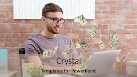  Presentation with young man holdng laptop on lap money - PPT theme having ebusiness - money flying out of laptop background and a coral colored foreground