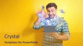  Presentation with flying - Presentation theme having ebusiness - money flying out of tablet background and a gold colored foreground