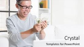  Presentation with money online - Colorful presentation design enhanced with ebusiness - portrait of 50s mature asian backdrop and a white colored foreground