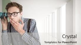  Presentation with white green - Amazing PPT theme having eccentric - geeky businessman eavesdropping with cup backdrop and a light gray colored foreground