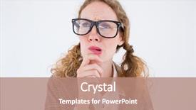  Presentation with mobile phone in woman hand - Presentation design with eccentric - geeky hipster woman thinking background and a  colored foreground