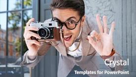  Presentation with funny - Colorful theme enhanced with eccentric - happy funny young male photographer backdrop and a  colored foreground