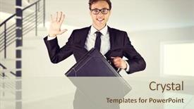  Presentation with dr holding ipad - Presentation design featuring eccentric - young geeky businessman holding briefcase background and a lemonade colored foreground