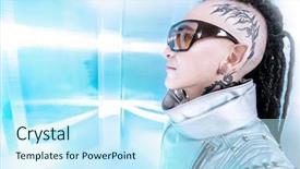  Presentation with high technology - PPT theme having eccentric futuristic man in silver background and a cool aqua colored foreground