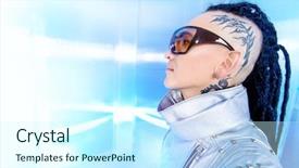  Presentation with high technology - Colorful presentation design enhanced with eccentric futuristic man in silver backdrop and a  colored foreground