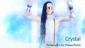  Presentation with high technology - Beautiful PPT theme featuring eccentric futuristic man in silver backdrop and a cool aqua colored foreground