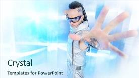  Presentation with high technology - Slide set enhanced with eccentric futuristic man in silver background and a cool aqua colored foreground