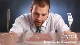  Presentation with meat - Beautiful PPT theme featuring eccentric guy eating red meat backdrop and a coral colored foreground