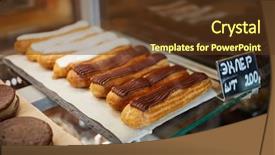  Presentation with wine shop and barrel - Audience pleasing PPT theme consisting of eclairs in a shop window backdrop and a tawny brown colored foreground