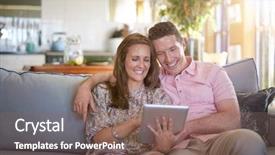  Presentation with young happy couple - Colorful slide set enhanced with eclectic - young happy couple sitting backdrop and a violet colored foreground