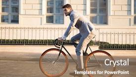  Presentation with bicycle - Cool new slides with eco bike - handsome businessman riding bicycle backdrop and a coral colored foreground