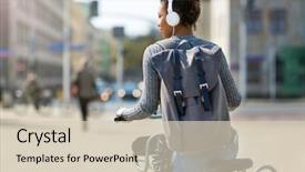  Presentation with city street - PPT layouts having eco bike - woman riding bicycle on city background and a  colored foreground