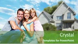  Presentation with real estate - Audience pleasing PPT layouts consisting of eco construction - happy family near new house backdrop and a tawny brown colored foreground