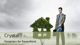  Presentation with green chemistry chemical formulas ecology - Colorful presentation theme enhanced with eco construction - image of businessman watering green backdrop and a mint green colored foreground