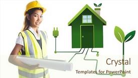  Presentation with eco friendly energy - Beautiful slide set featuring eco friendly building - architect woman with yellow helmet backdrop and a cream colored foreground
