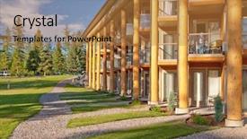  Presentation with resort - Cool new PPT theme with eco house - wooden resort building over trees backdrop and a coral colored foreground