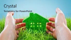  Presentation with green building - Presentation theme featuring eco house in green grass background and a light blue colored foreground