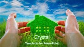  Presentation with green building - Amazing slide deck having eco house in green grass backdrop and a forest green colored foreground