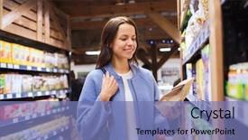  Presentation with food market - Presentation design with eco label - sale shopping consumerism and people background and a seafoam green colored foreground