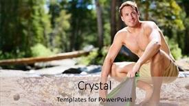  Presentation with adventure river - Presentation theme with eco soap - camping hiker man washing clothes background and a coral colored foreground