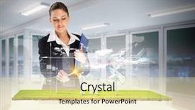  Presentation with high tech illustration - PPT theme consisting of eco technology - image of young businesswoman clicking background and a  colored foreground