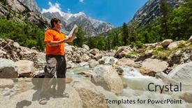  Presentation with himachal pradesh - Colorful PPT layouts enhanced with eco tourism - hiker trekker studying map route backdrop and a coral colored foreground