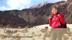 Presentation with eco park - Theme featuring eco tourism - hiking female hiker on tenerife background and a coral colored foreground