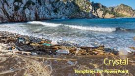  Presentation with pollution - Colorful slide deck enhanced with ecological-concept-beach-pollution-trash backdrop and a violet colored foreground