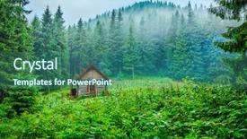  Presentation with house forest - Presentation theme enhanced with ecological wooden house blockhouse shelter background and a ocean colored foreground