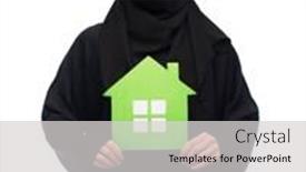  Presentation with ecology - Amazing theme having ecology and people concept - muslim woman in hijab with green house over white background backdrop and a light gray colored foreground