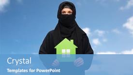  Presentation with ecology - Colorful presentation theme enhanced with ecology and people concept - muslim woman in hijab with green house over blue sky and clouds background backdrop and a teal colored foreground