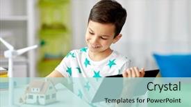  Presentation with toy model - Theme featuring ecology technology and energy saving background and a sky blue colored foreground