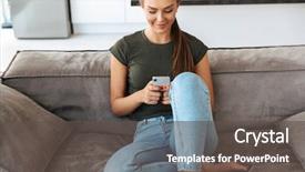  Presentation with mobile home - Amazing slides having ecommerce - cheerful young woman using mobile backdrop and a dark gray colored foreground