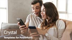  Presentation with young happy couple - Slide deck having ecommerce - happy young couple sitting background and a violet colored foreground