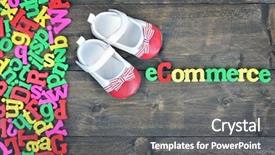  Presentation with leather craft work table - PPT theme having ecommerce word on wooden table background and a gray colored foreground