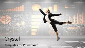  Presentation with high dimension - Beautiful slide deck featuring economi ekuilibrum - image of pretty businesswoman jumping backdrop and a light gray colored foreground