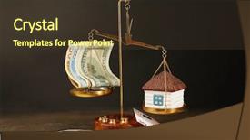  Presentation with dark - Theme featuring economi ekuilibrum - scale with money and model background and a tawny brown colored foreground