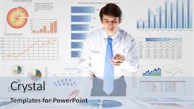  Presentation with economic - Beautiful slides featuring economic analysis - young businessman and statistics information backdrop and a light blue colored foreground