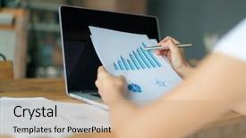  Presentation with financial - Slide deck consisting of economic balance - business woman hand with financial background and a coral colored foreground