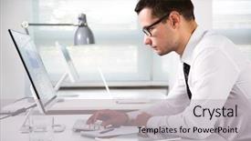  Presentation with young students working in groups - Theme enhanced with economic competition - young handsome businessman working background and a light gray colored foreground