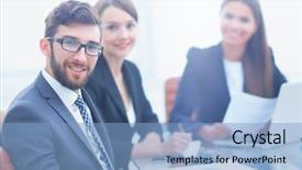  Presentation with confident - Presentation theme with economic cooperation - closeup confident businessman sitting behind background and a light blue colored foreground