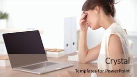  Presentation with young business woman smile show - Beautiful presentation design featuring economic depression - portrait of tired young business backdrop and a coral colored foreground