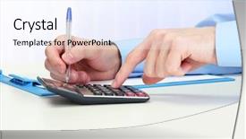  Presentation with calculator - Beautiful PPT theme featuring economic development - closeup of businessman hands backdrop and a sky blue colored foreground