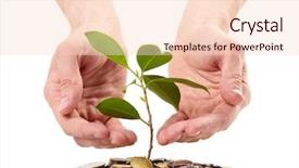  Presentation with economic development - PPT theme featuring economic development - coins sprout hands background and a lemonade colored foreground