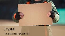  Presentation with homeless - Audience pleasing presentation design consisting of economic downturn - homeless man holds blank cardboard backdrop and a coral colored foreground